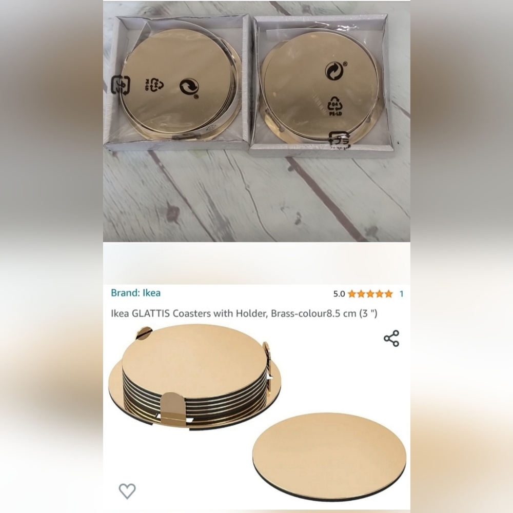 IKEA Glattis Gold Brass Two 6 Pack Coasters With Holder